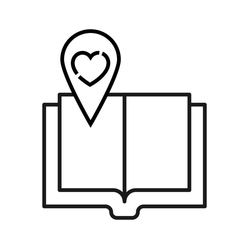 Book, reading, novel, education. Simple isolated pictogram for web sites, stores, articles, adverts. Editable stroke. Vector line icon of heart inside of geotag over opened book