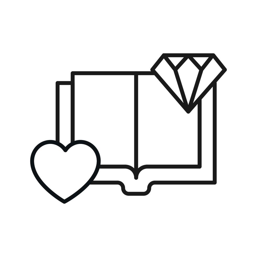 libro, lectura, novela, educación. pictograma aislado simple para sitios web, tiendas, artículos, anuncios. trazo editable. icono de línea vectorial de corazón y diamante por libro abierto vector