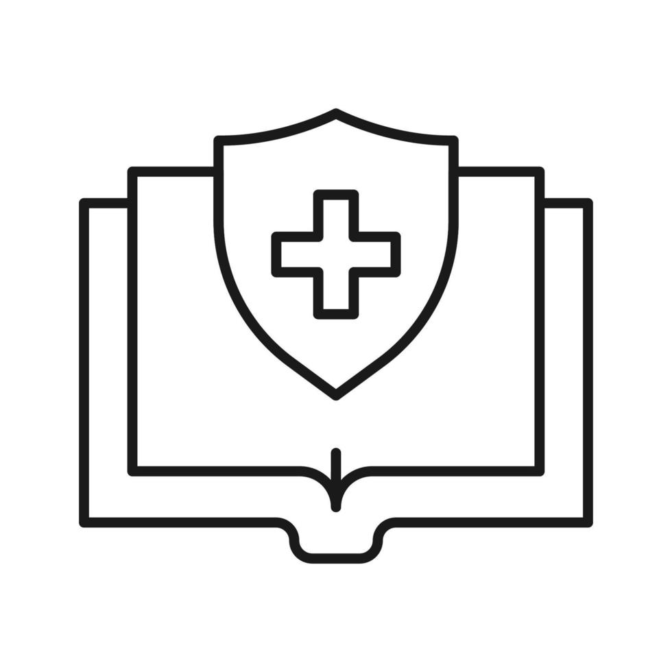 Book, reading, novel, education. Simple isolated pictogram for web sites, stores, articles, adverts. Editable stroke. Vector line icon of medical cross inside of shield over opened book