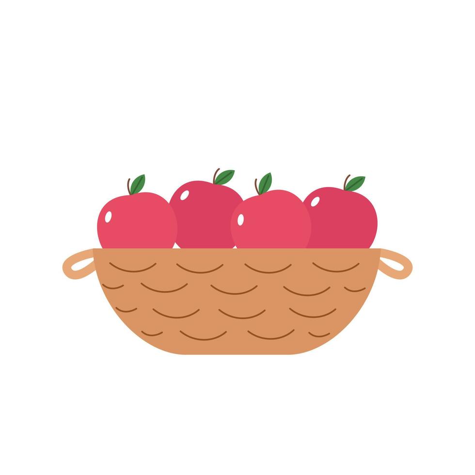 Basket with red apples on a white background. The concept of harvesting. Basket icon. Vector illustration with fruits in a flat style.
