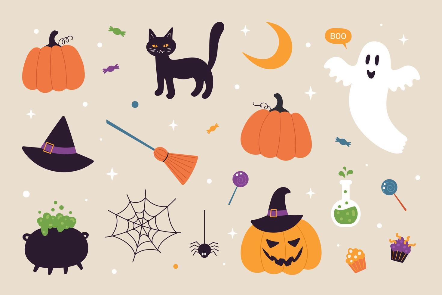 A set of Halloween elements. Ghost, hat, broom, bit, funny pumpkins, cauldron with a potion, candy. Suitable for greeting card, posters, tags, sticker set. Cartoon vector illustration.