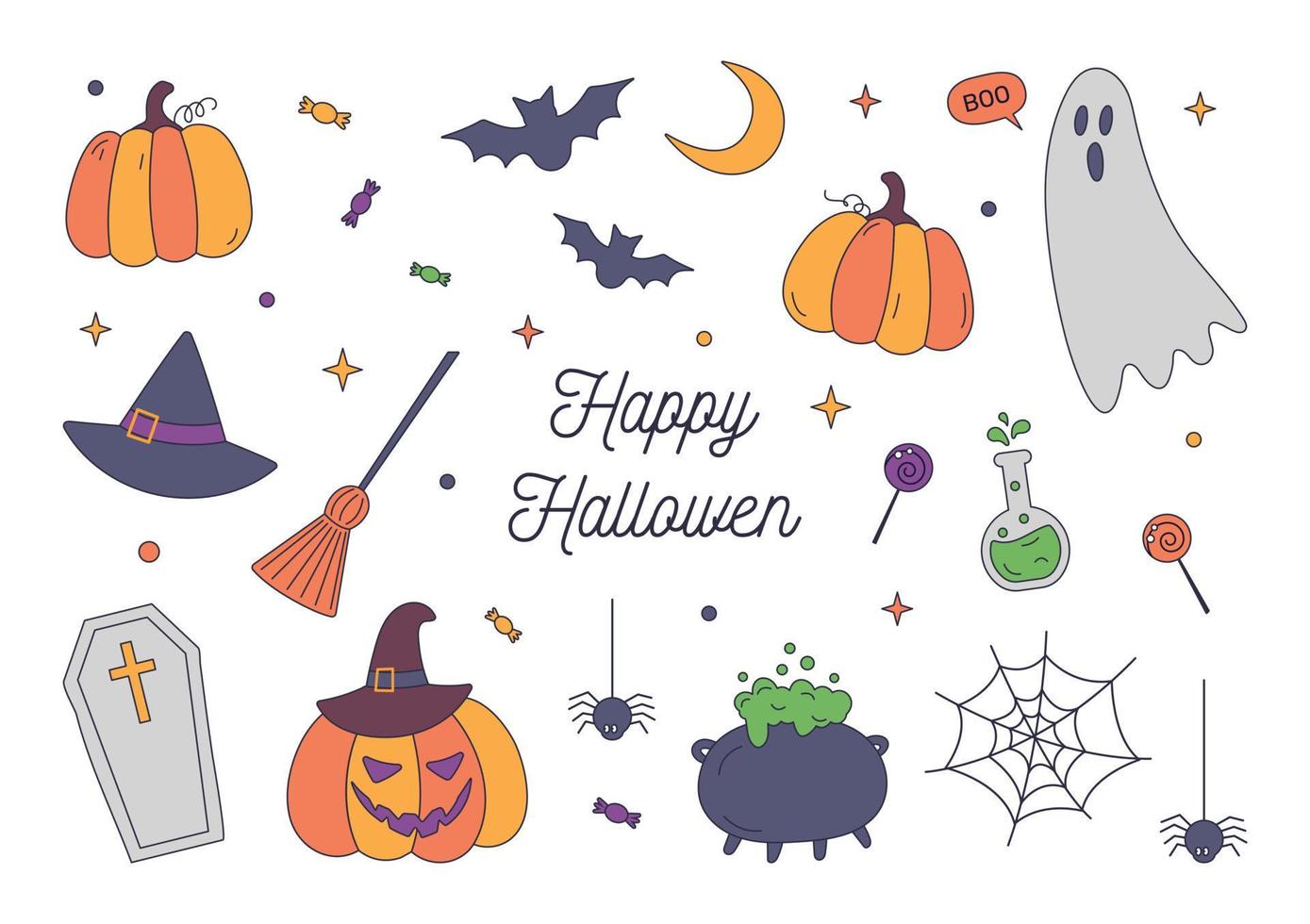 A set of Halloween elements. Ghost, hat, broom, bit, funny pumpkins, cauldron with a potion, candy. Suitable for greeting card, posters, tags, sticker set. Cartoon vector illustration.