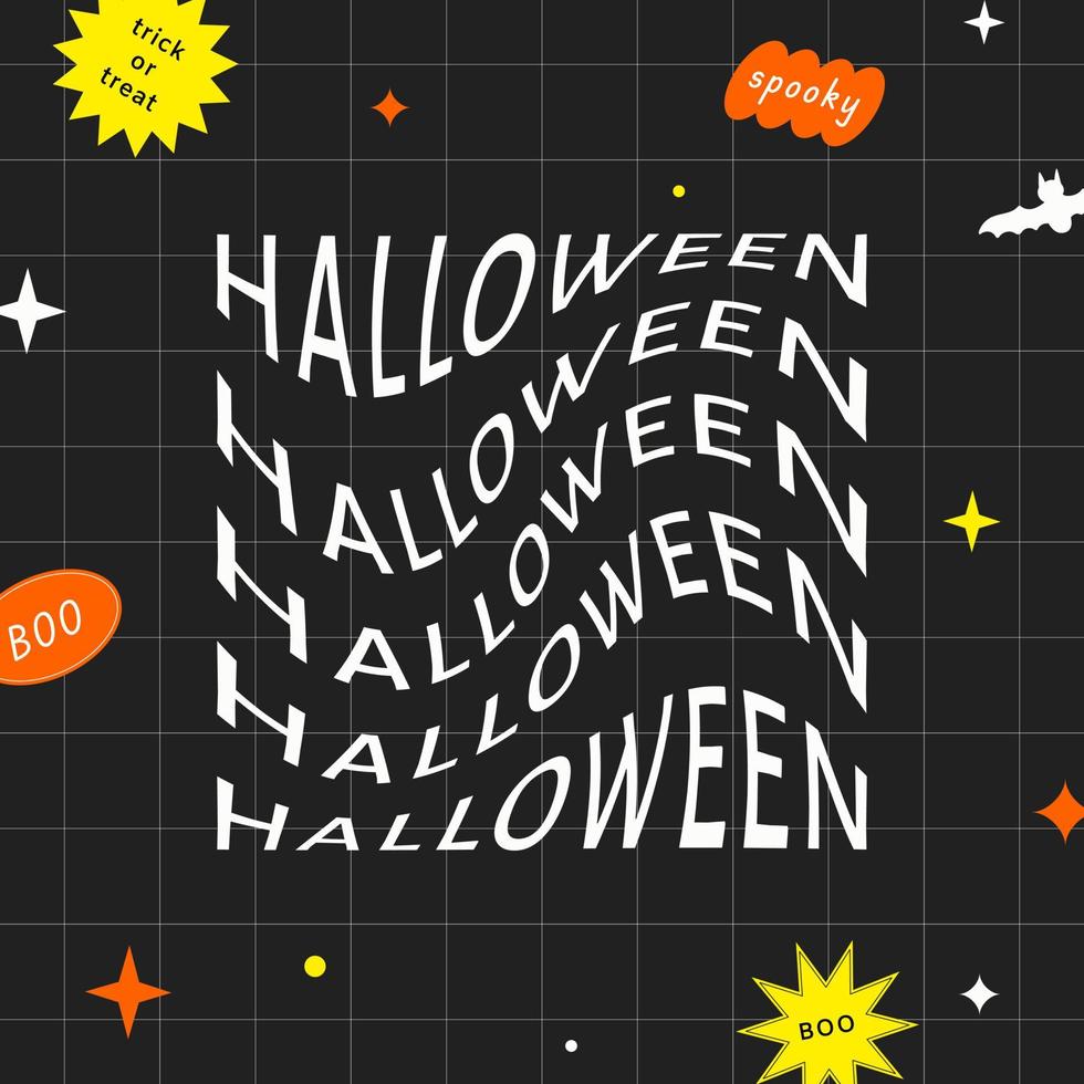 Abstract Halloween background, banner, greeting card. Trendy psychedelic retro style y2k , geometric shapes, fun elements and stickers, patches, bat, bright colors. Minimalistic design. vector