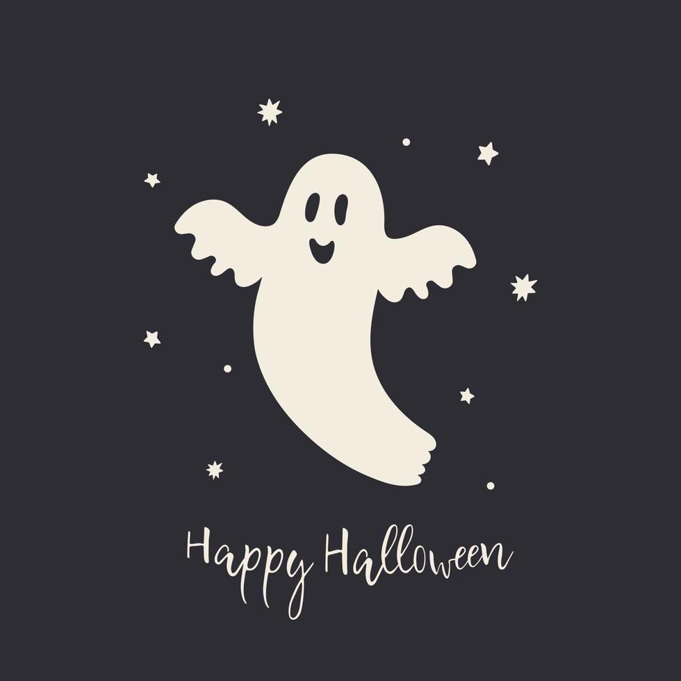 Linda tarjeta de felicitación vintage de Halloween con un divertido personaje fantasma. estilo retro. diseño plano. fondo negro. vector