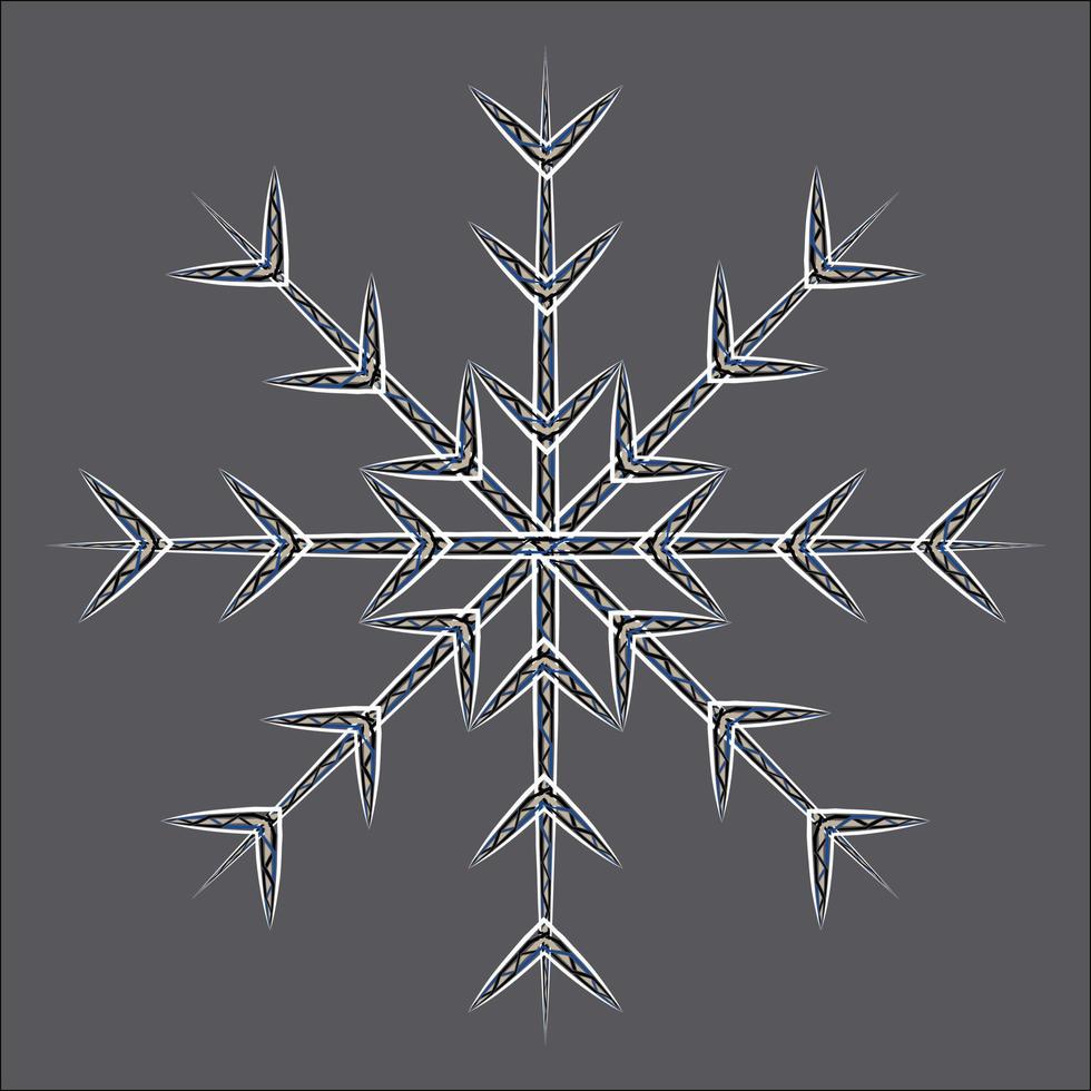Abstract openwork snowflake by patterned lines in trendy wintry shades on graphite backdrop. Icon vector