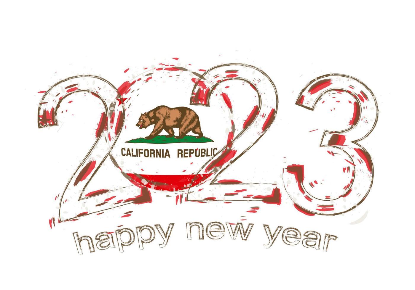 2023 Year in grunge style with flag of California. vector