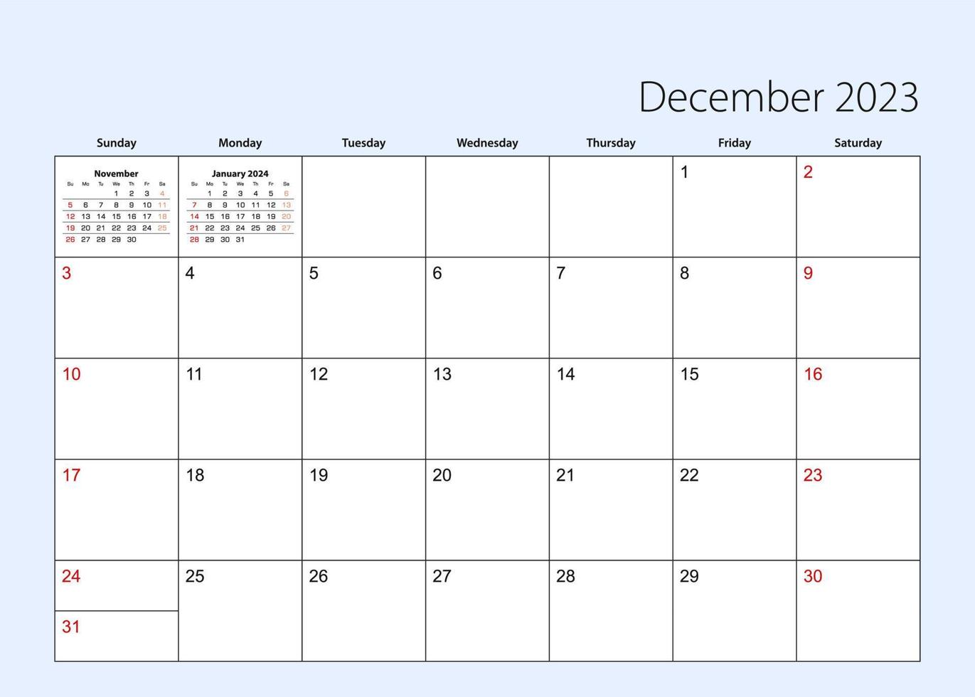 Wall calendar planner for December 2023. English language, week starts from Sunday. vector