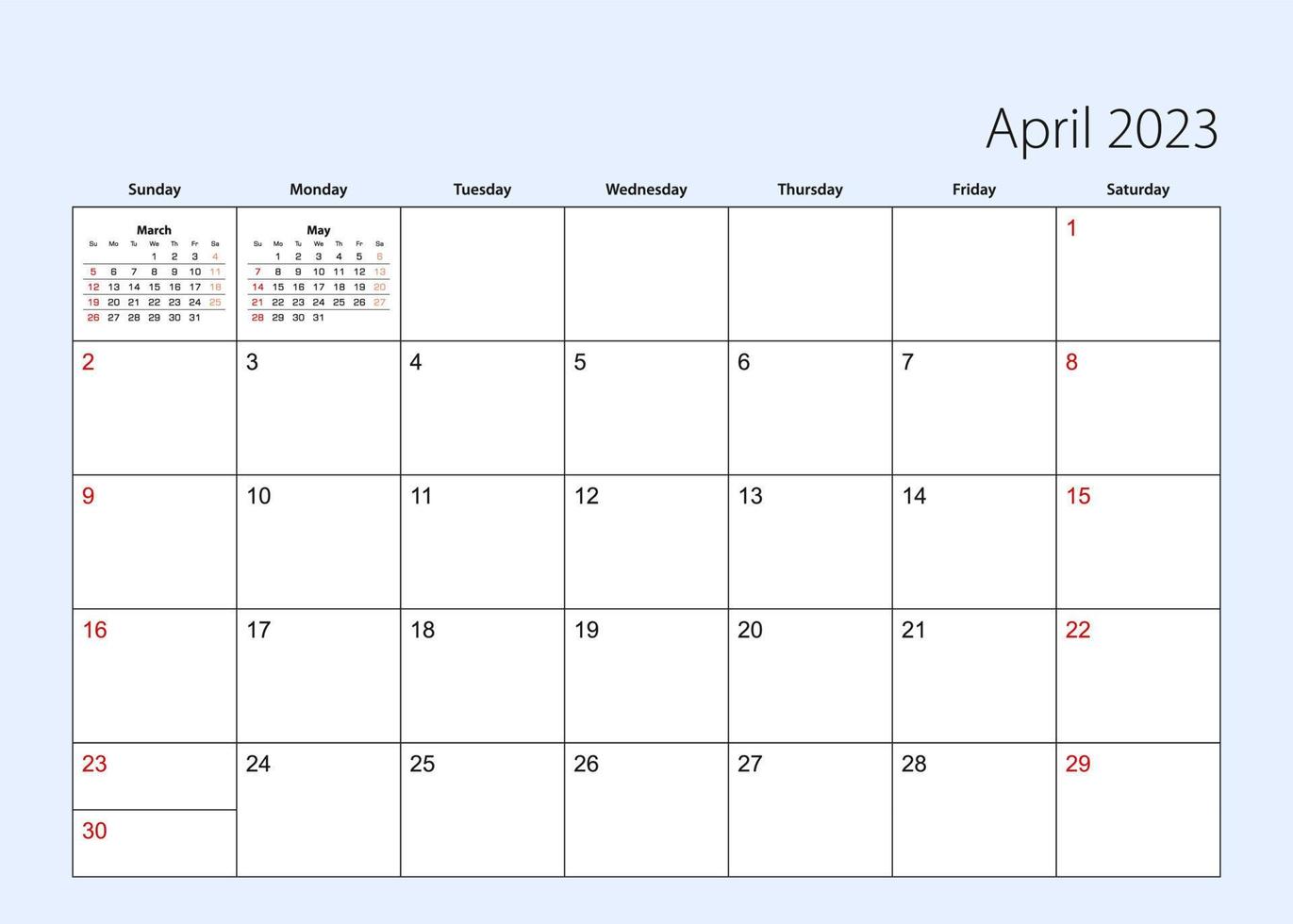 planificador de calendario de pared para abril de 2023. idioma inglés, la semana comienza el domingo. vector