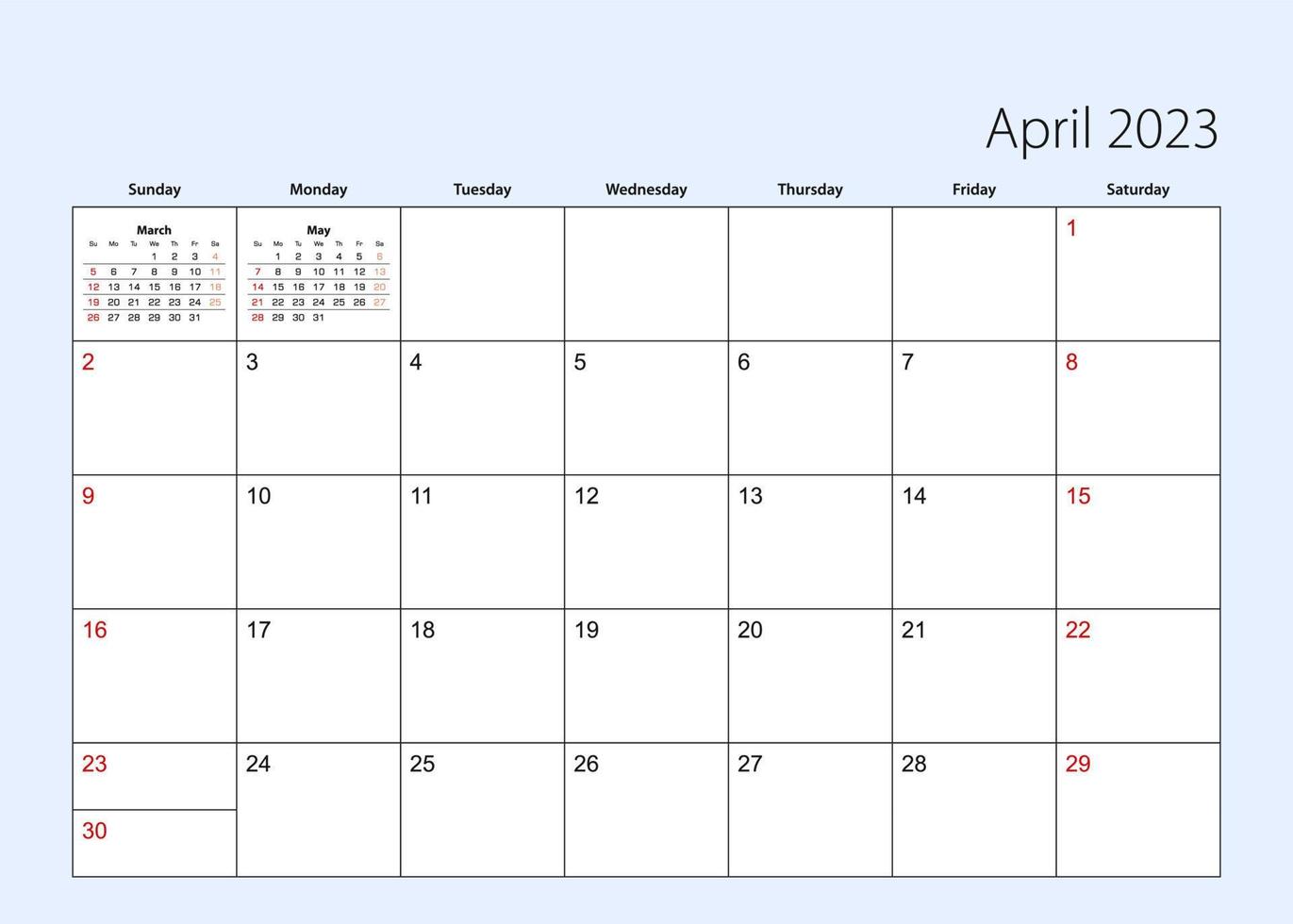 Wall calendar planner for April 2023. English language, week starts from Sunday. vector