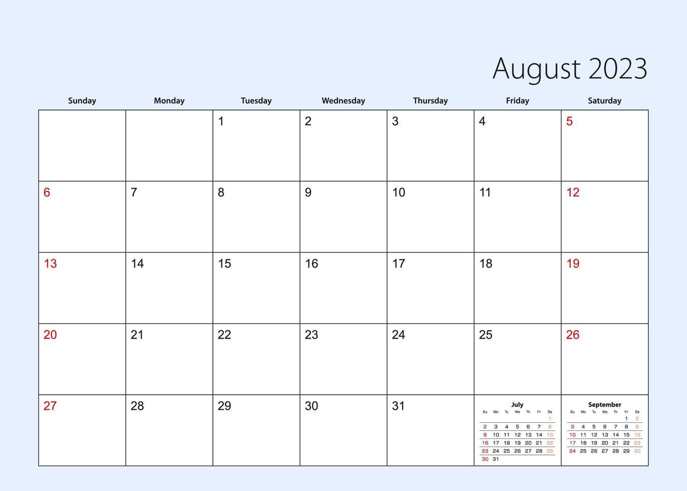 Wall calendar planner for August 2023. English language, week starts from Sunday. vector