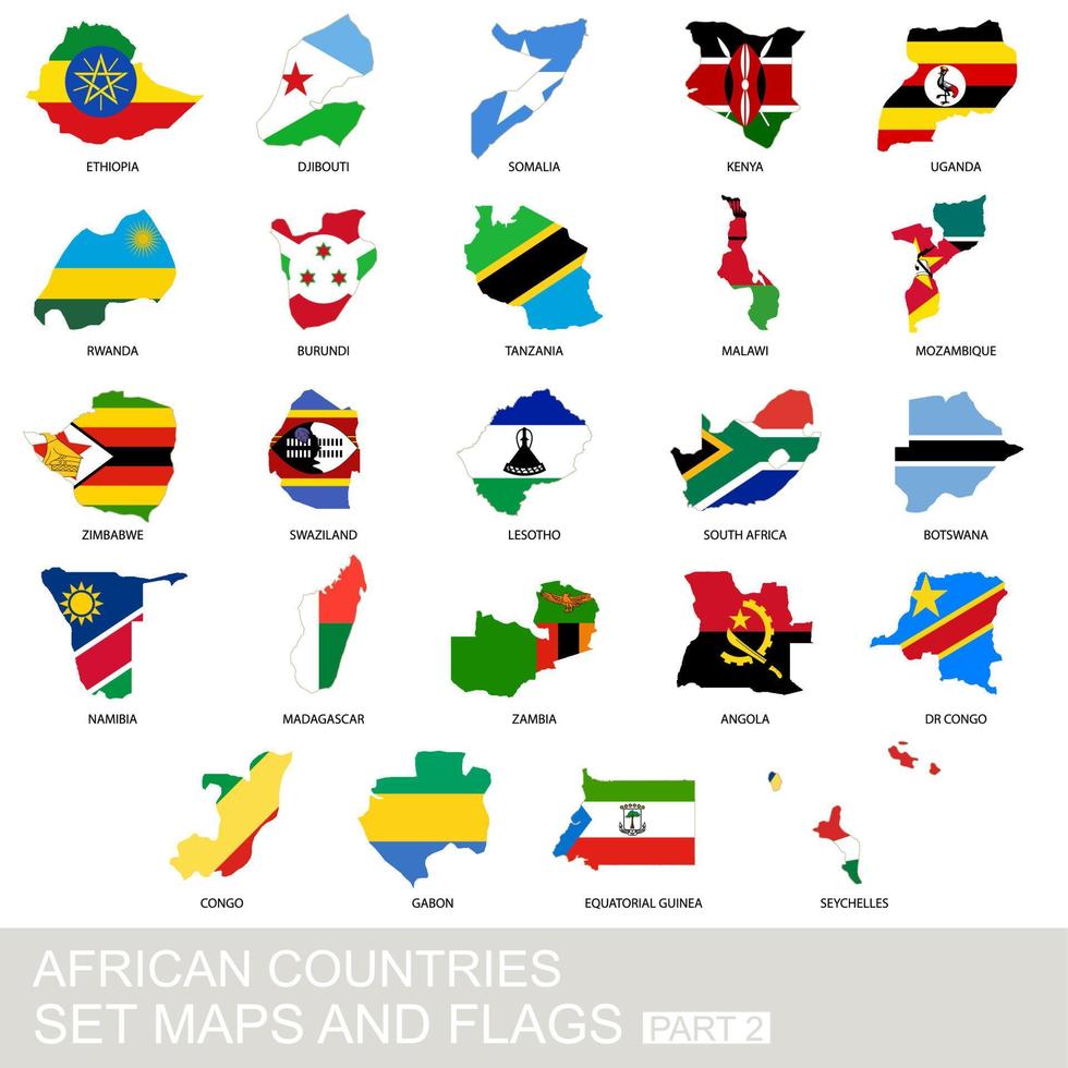 African countries set, maps and flags vector