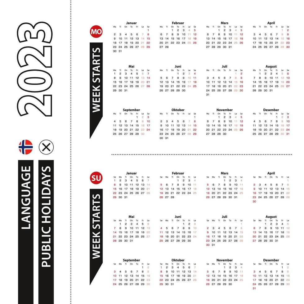 dos versiones del calendario 2023 en noruego, la semana comienza en lunes y la semana comienza en domingo. vector