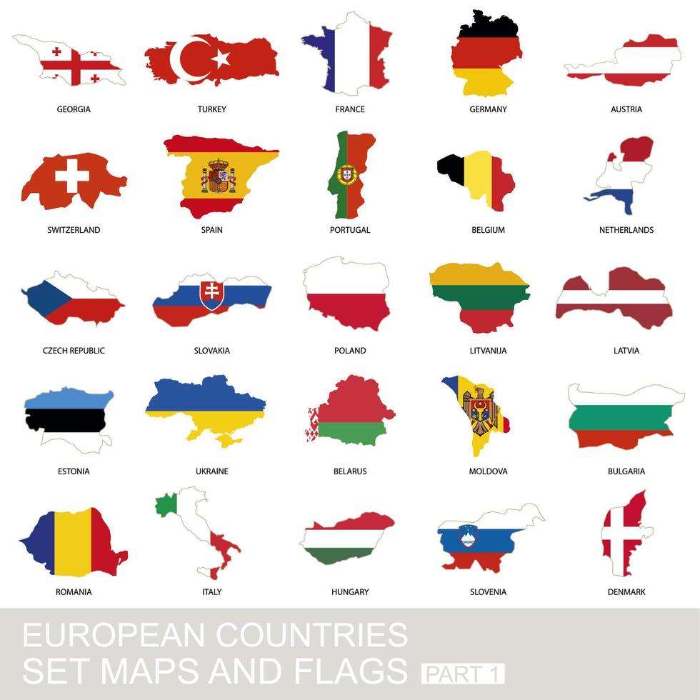 European countries set, maps and flags vector