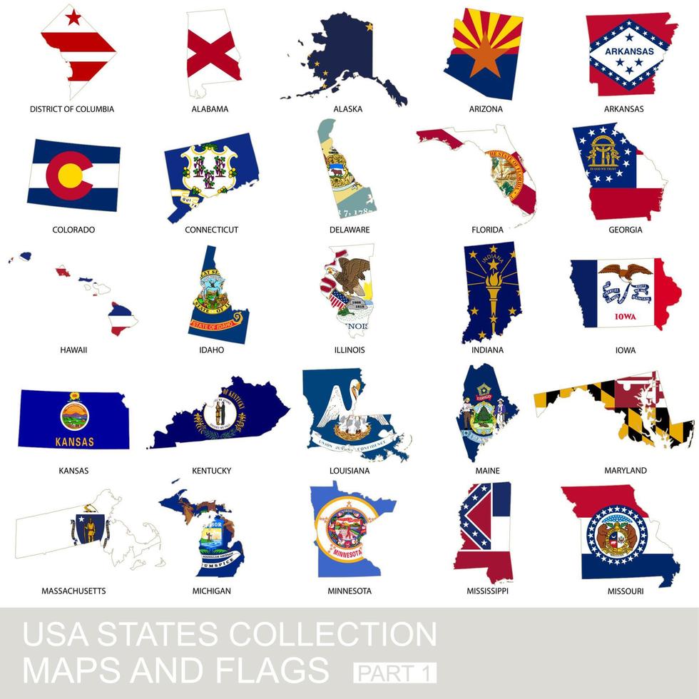 USA state collection, maps and flags vector