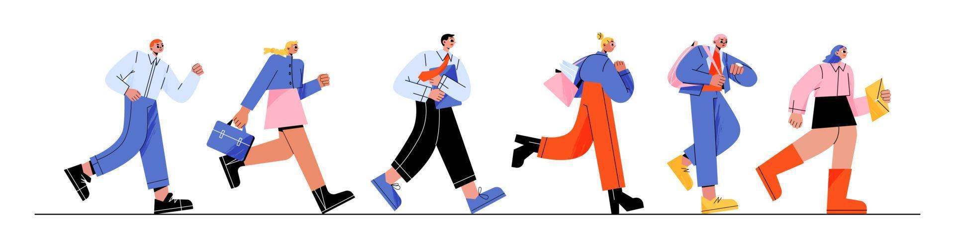 Business people run, late in office, oversleep vector