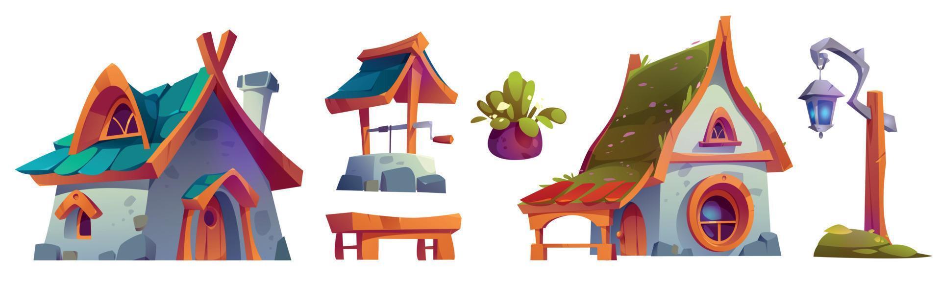 Gnome village with fantasy houses and water well vector