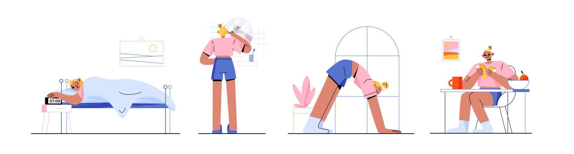 Woman daily routine, day life, girl schedule set vector