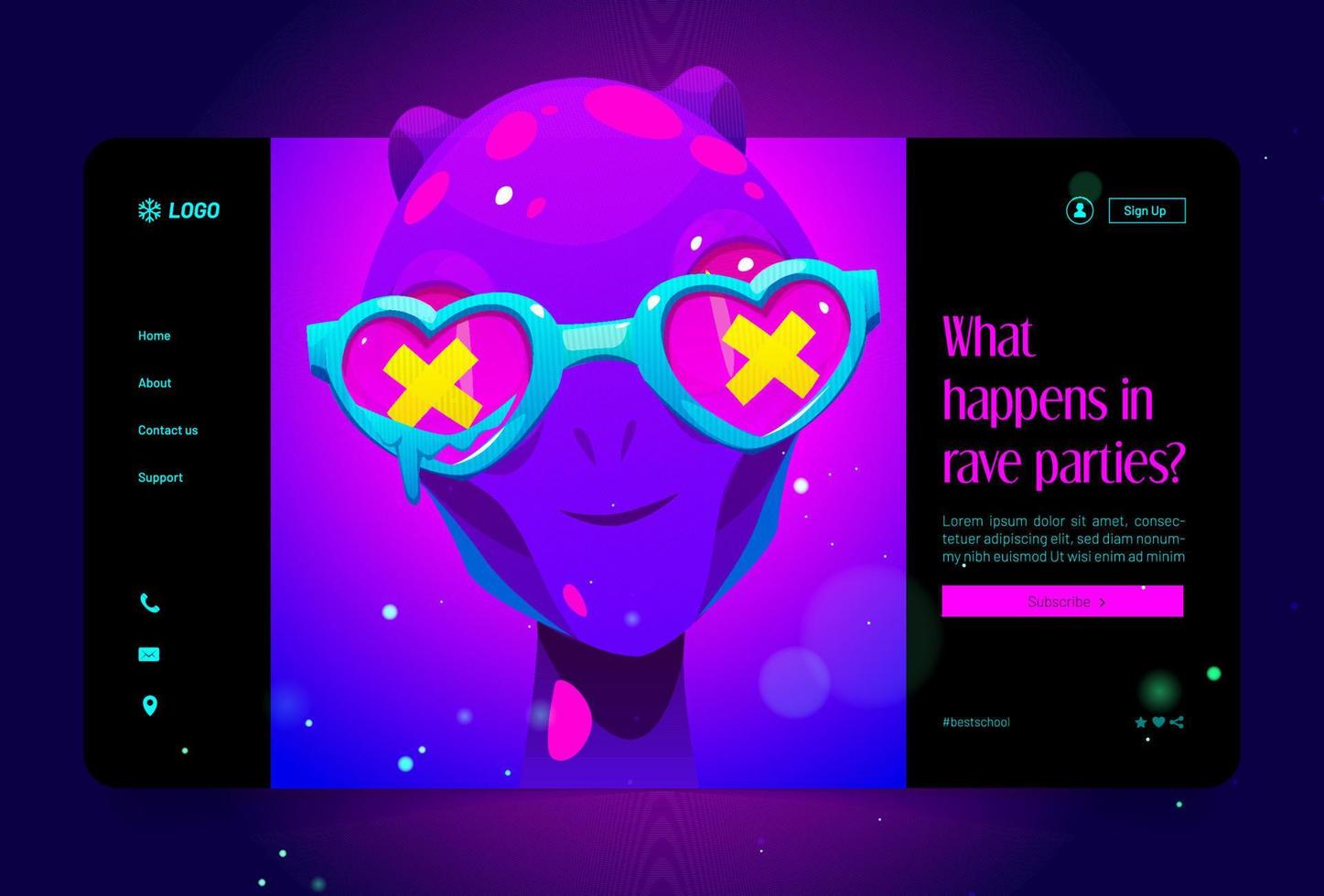 Rave party landing page cartoon template vector