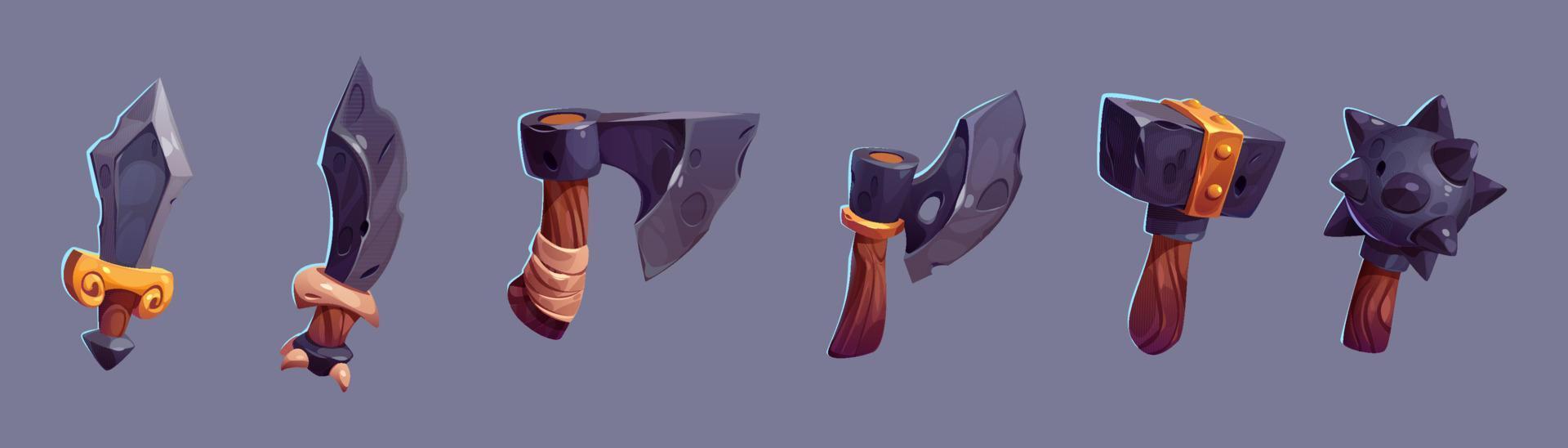 Weapon icons of axe, mace, sword, dagger, hammer vector