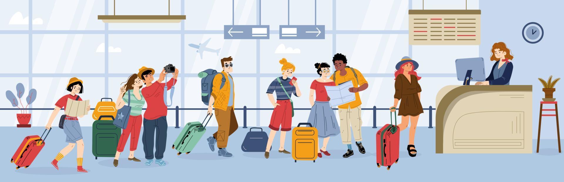 Queue in airport, people waiting registration vector