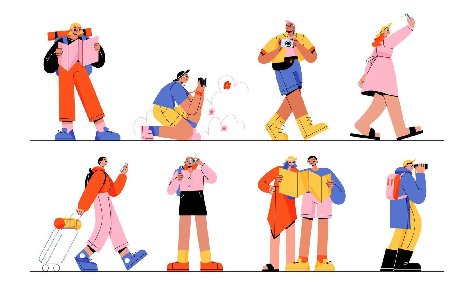 Tourists and travelers characters, people travel vector