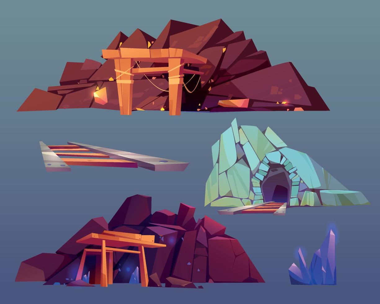 Mine entrances gold, emerald, amethyst, crystal vector