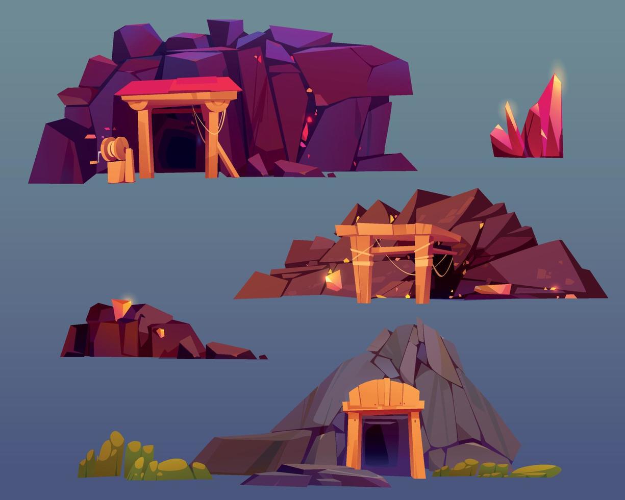 Mine entrances, shafts with crystals, gold, coal vector