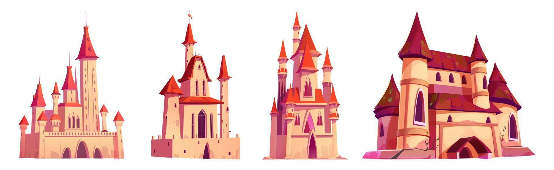 Medieval castles, palaces with turrets and flags vector