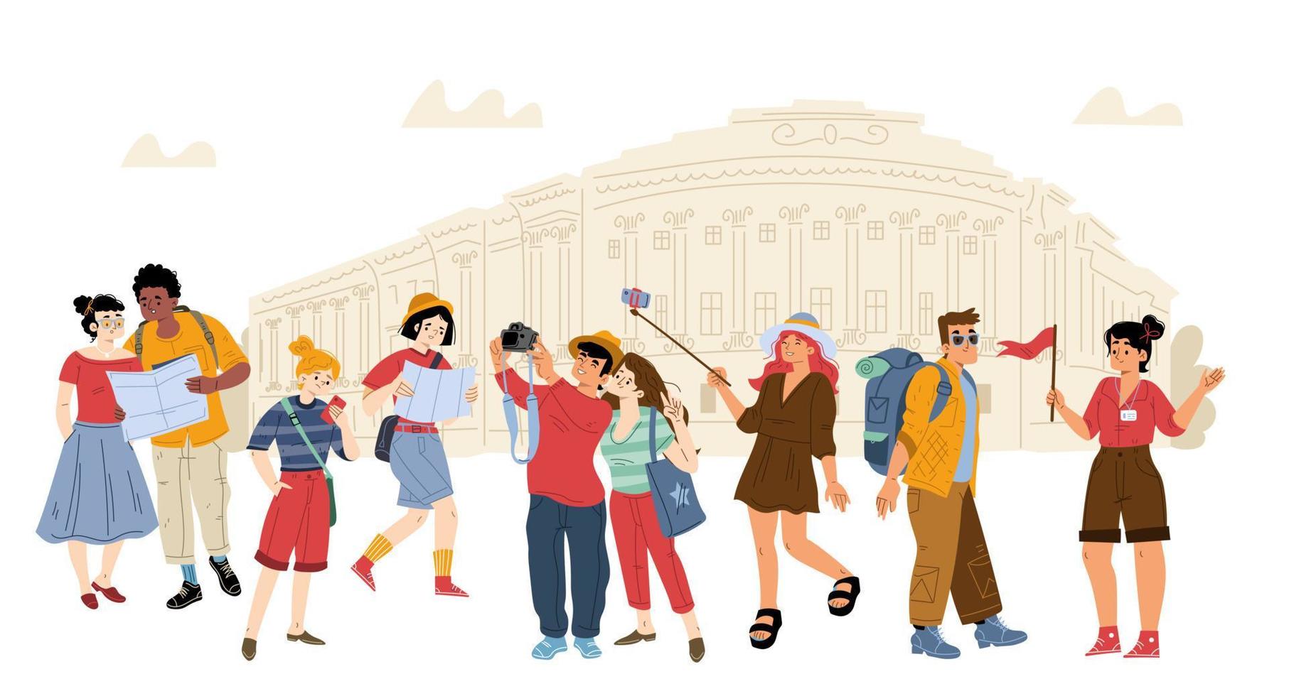 Tourists travel, group of people on excursion vector