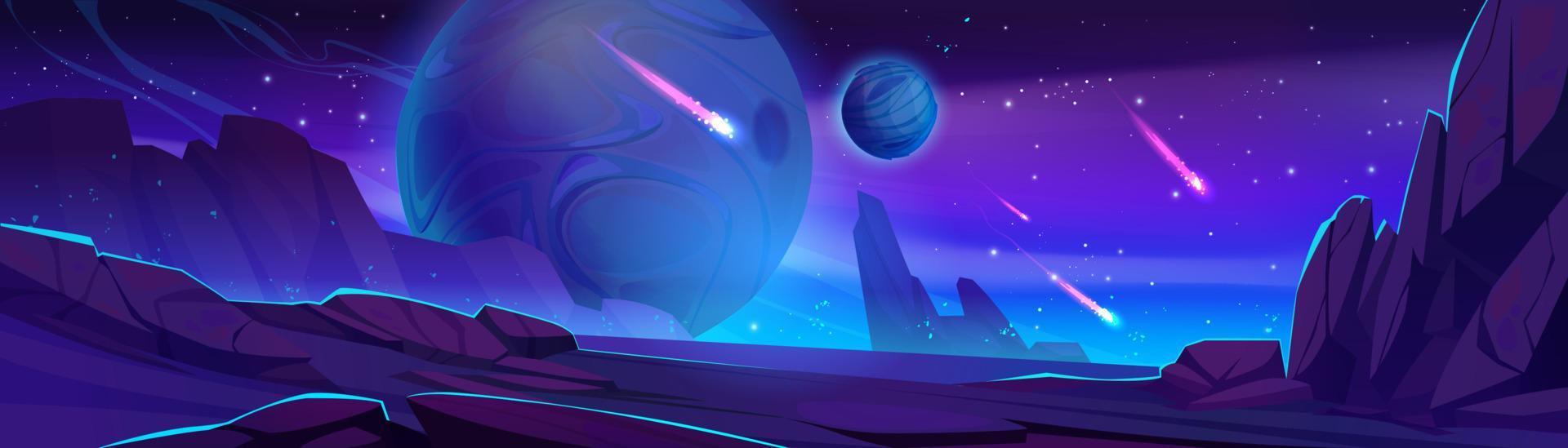 Alien planet landscape, night Martian surface vector