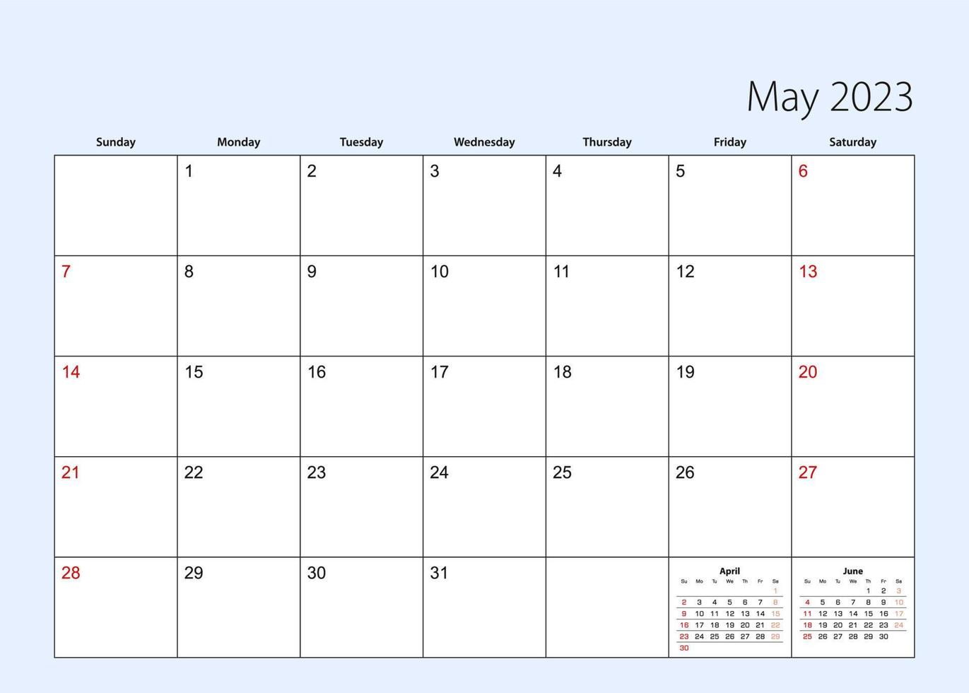 Wall calendar planner for May 2023. English language, week starts from Sunday. vector