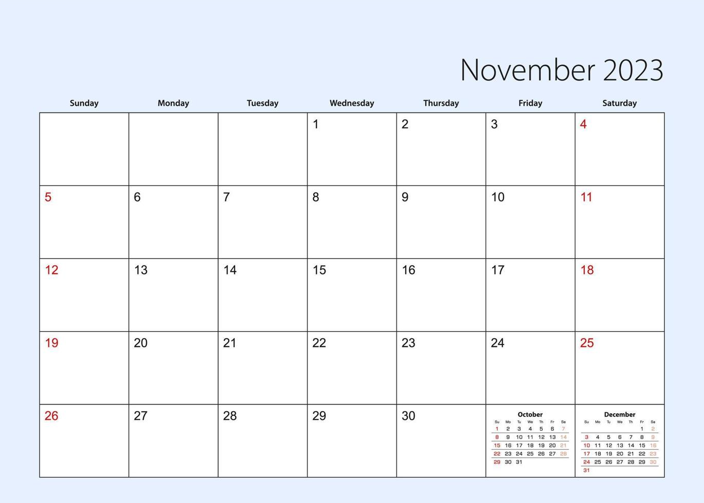 Wall calendar planner for November 2023. English language, week starts from Sunday. vector