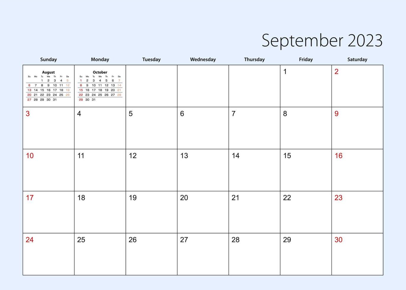 Wall calendar planner for September 2023. English language, week starts from Sunday. vector