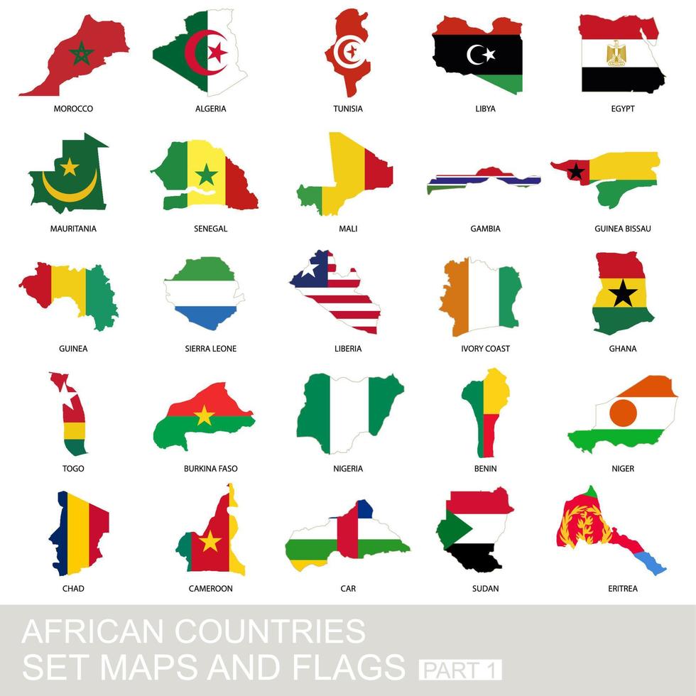 African countries set, maps and flags vector