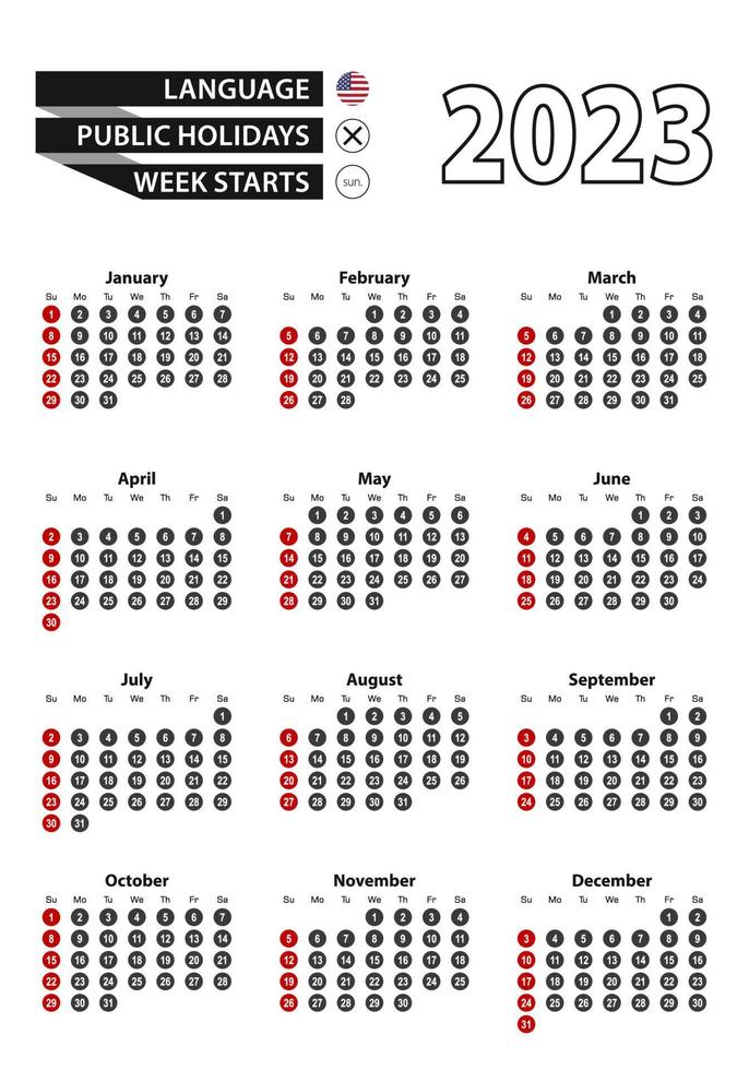 English calendar 2023 with numbers in circles, week starts on Sunday. vector