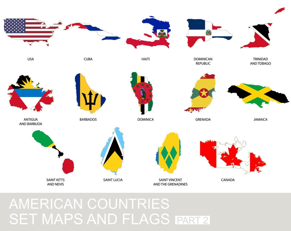 American countries set, maps and flags vector