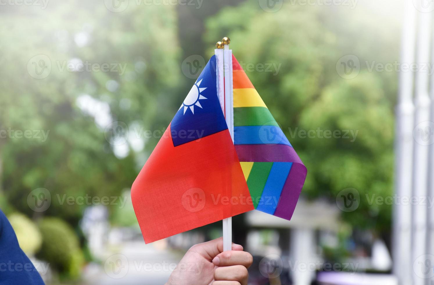 Rainbow flag and Taiwan national flag holding in hand, soft and selective focus, concept for celebration of lgbtq plus in pride month around the world. photo