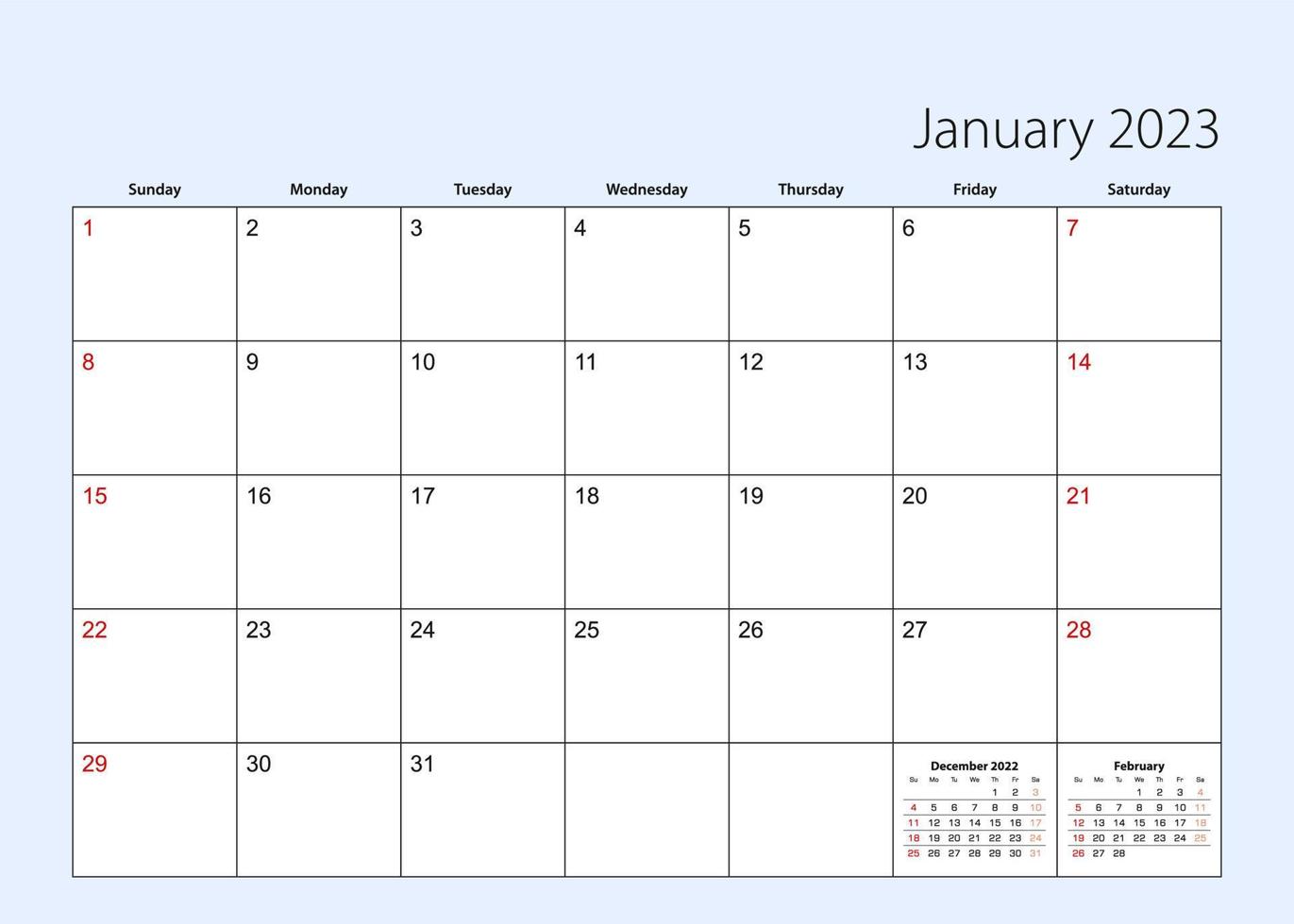 Wall calendar planner for January 2023. English language, week starts from Sunday. vector