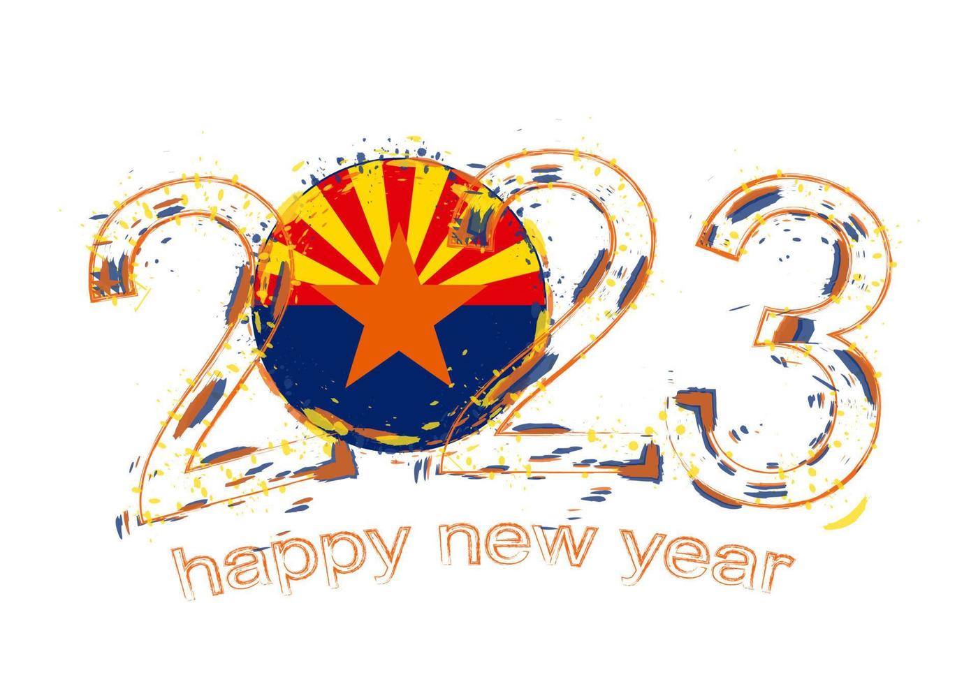 2023 Year in grunge style with flag of Arizona. vector