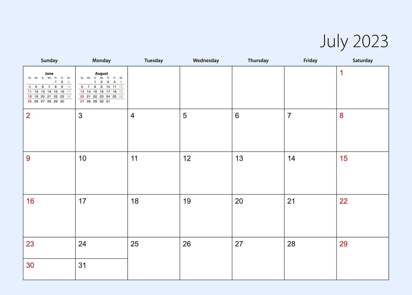 Wall calendar planner for July 2023. English language, week starts from Sunday. vector