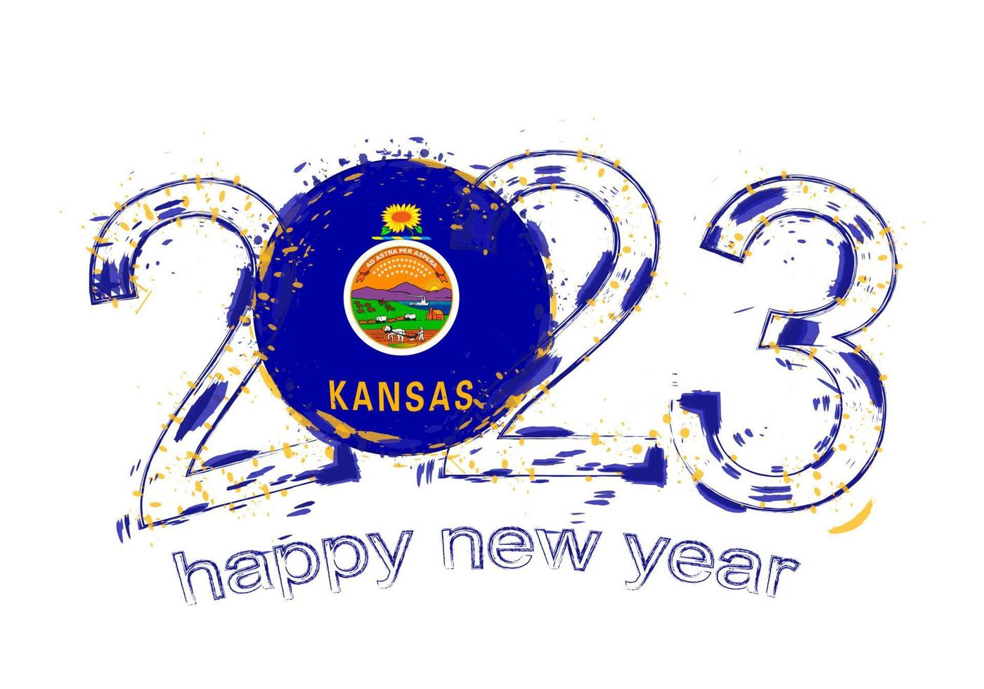 2023 Year in grunge style with flag of Kansas. vector