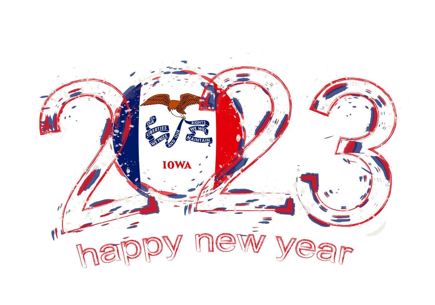 2023 Year in grunge style with flag of Iowa. vector