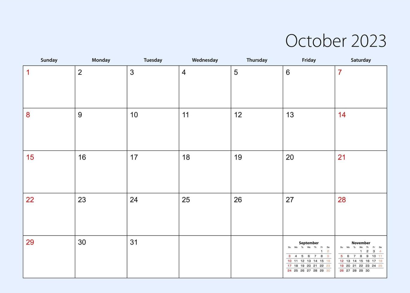 Wall calendar planner for October 2023. English language, week starts from Sunday. vector