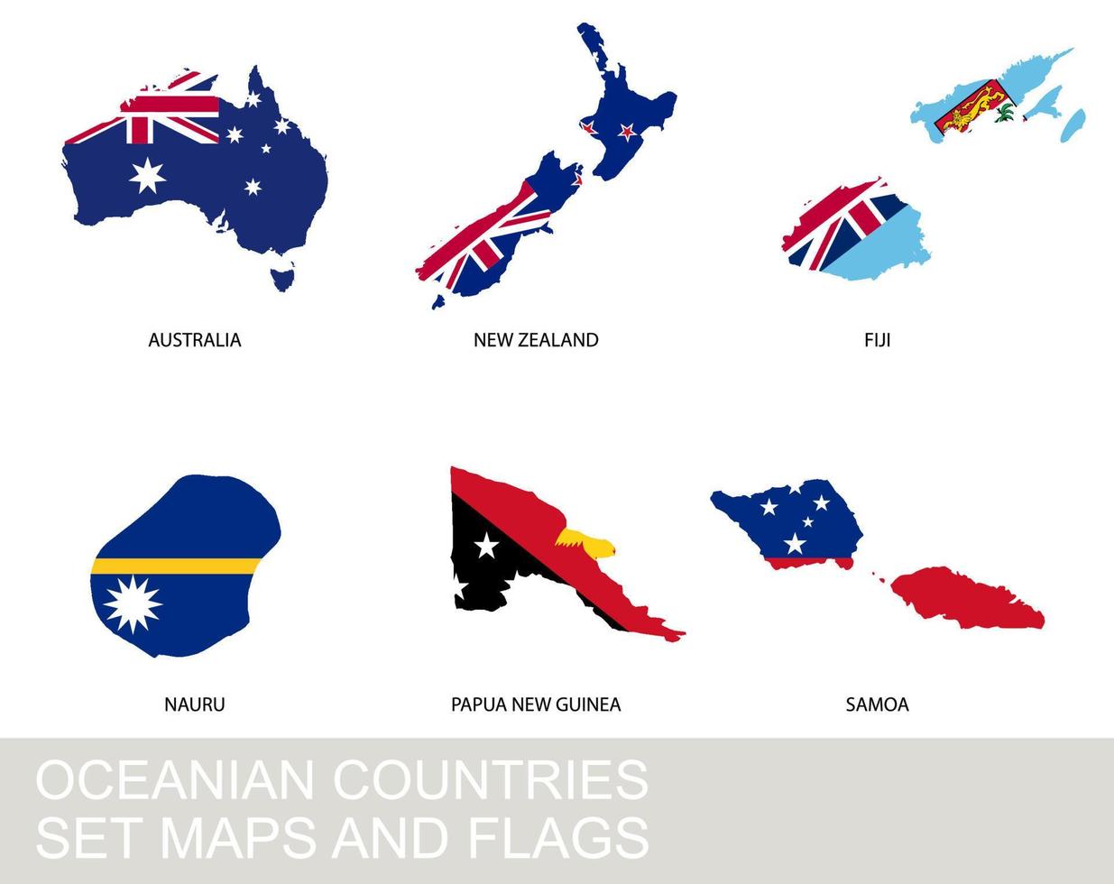Oceania countries set, maps and flags vector