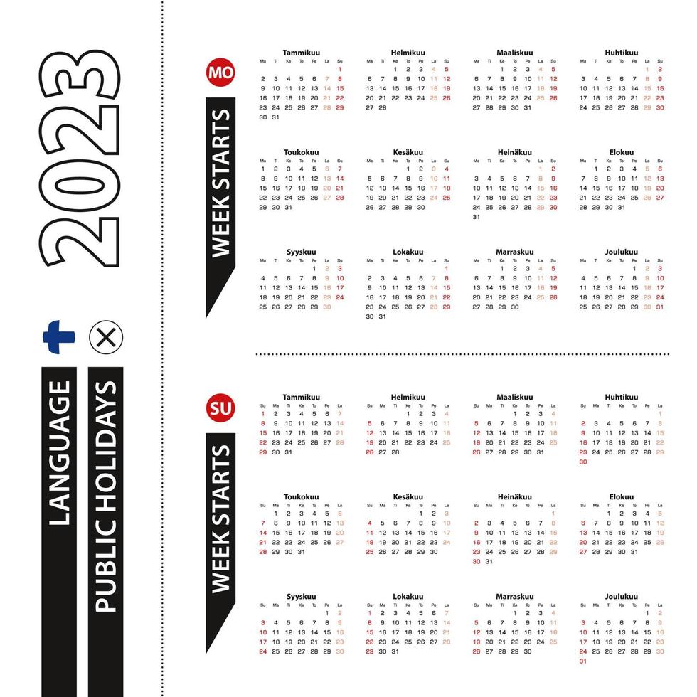 Two versions of 2023 calendar in Finnish, week starts from Monday and week starts from Sunday. vector