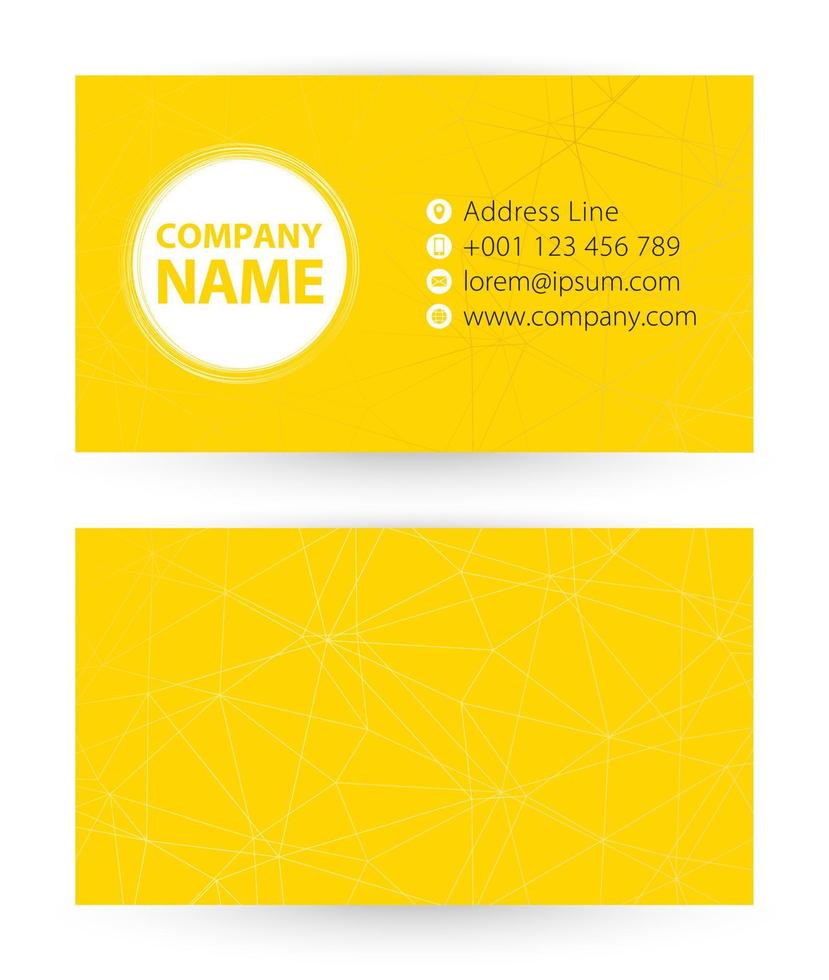 tarjeta de visita sobre fondo abstracto amarillo alineado con icono para dirección, teléfono, correo y sitio web. vector