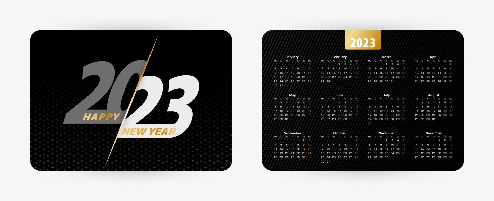 Black horizontal pocket calendar 2023, week starts on Monday. 13086389