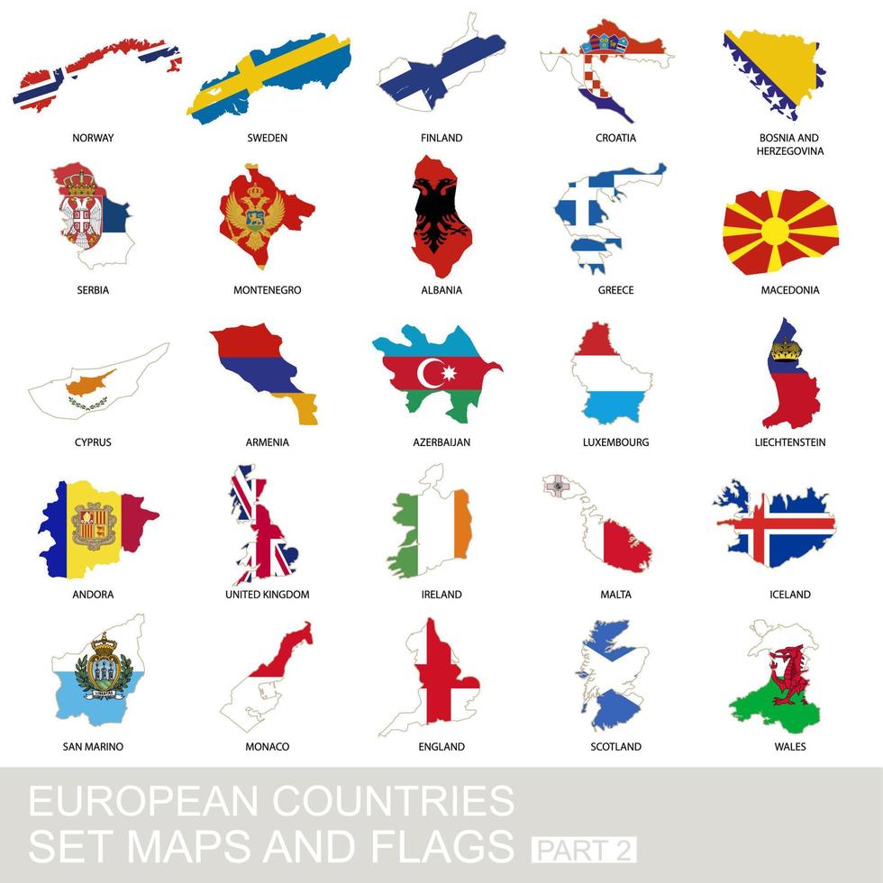 European countries set, maps and flags vector