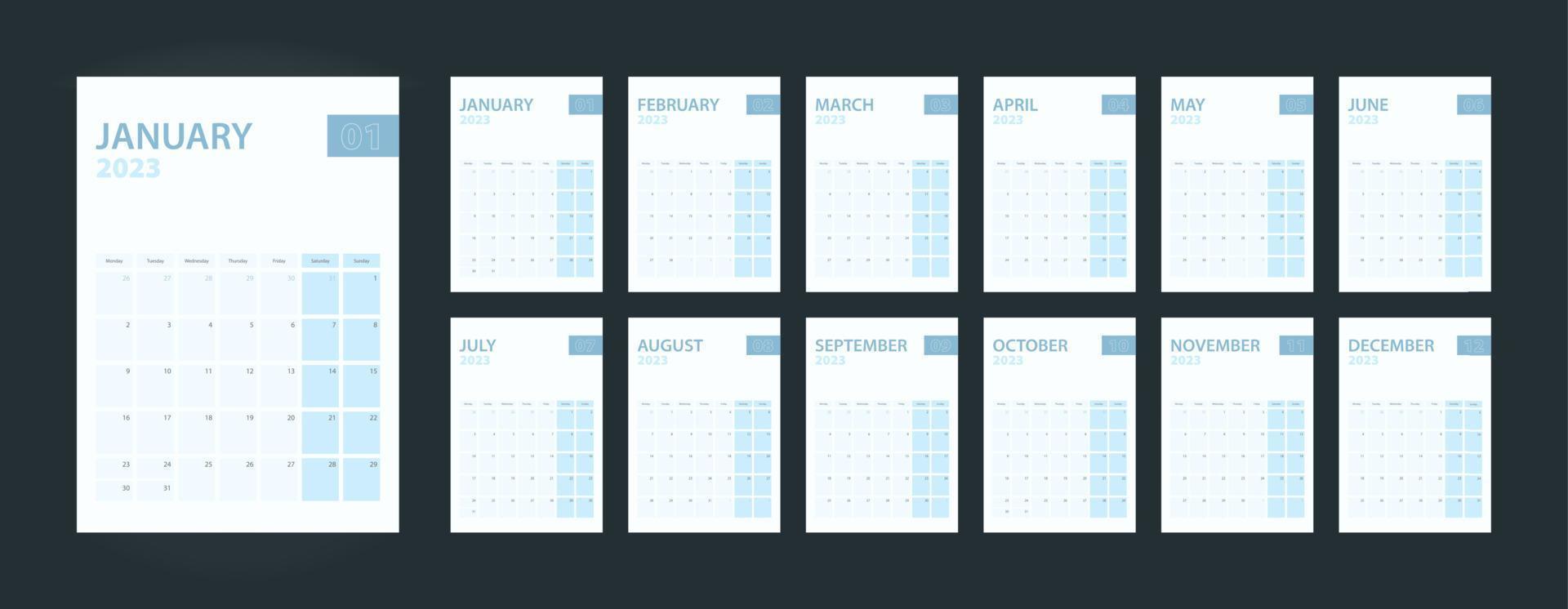 calendario vertical 2023, conjunto de 12 páginas de calendario 2023. vector