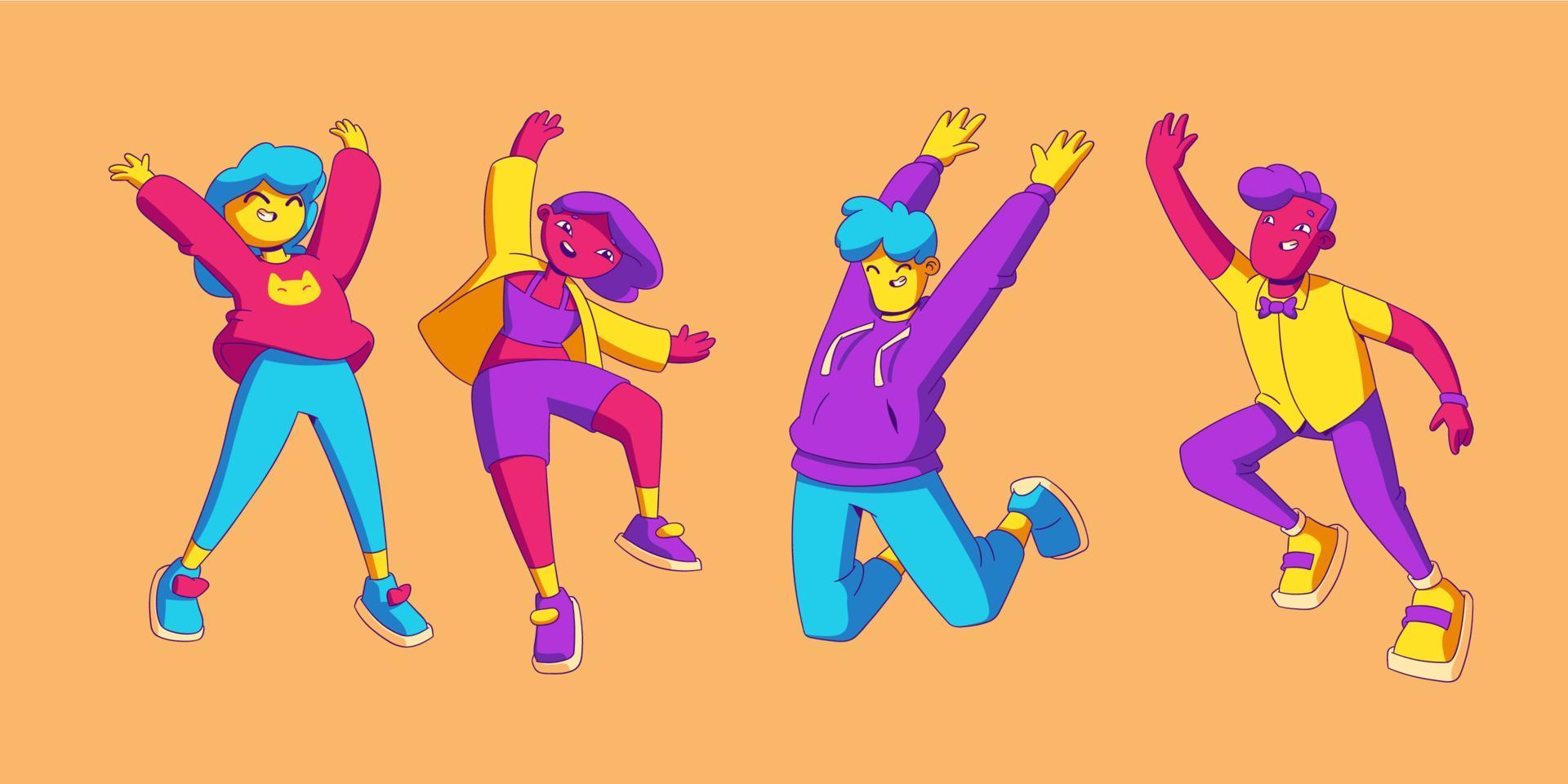 Happy people jump with raised arms, fun emotions vector